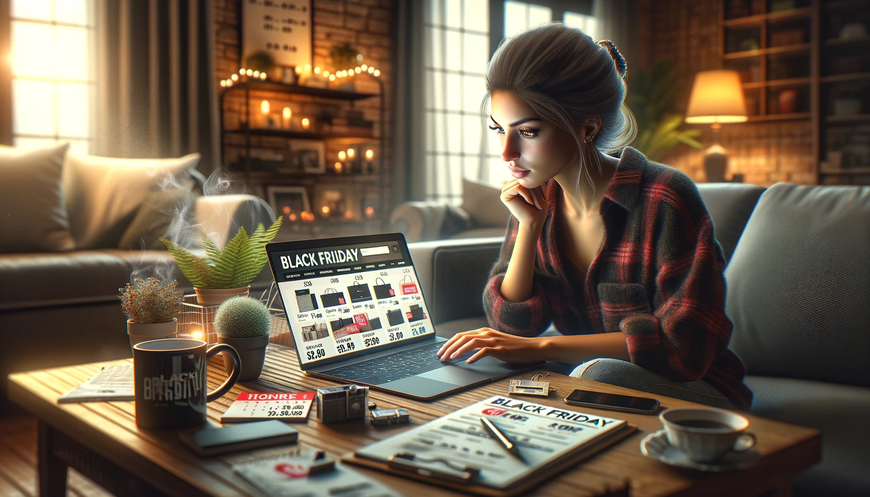 young woman shopping from home during a Black Friday discount event